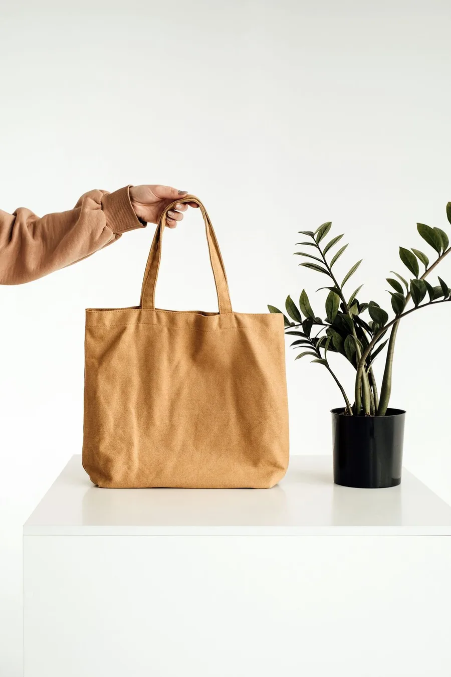 A tan tote bag held beside a potted plant
