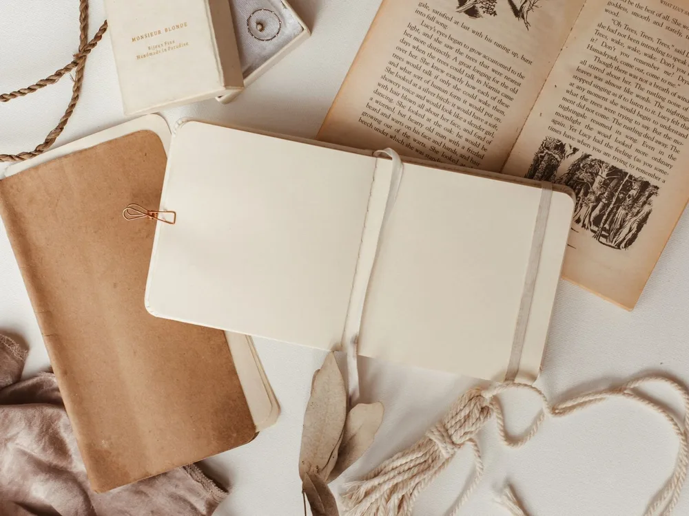 An open journal photographed from above